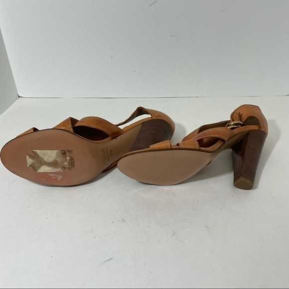 Chloe tan high heel sandals wide straps brass hardware size 10.5 B - Picture 9 of 10